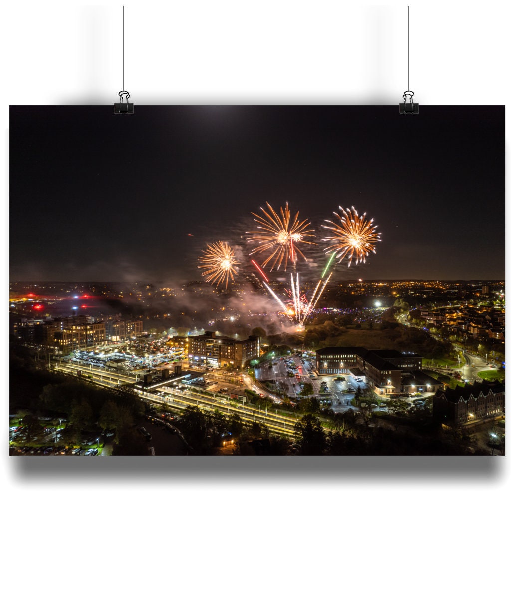 Harlow Town Park Fireworks Landscape Matte Art Print