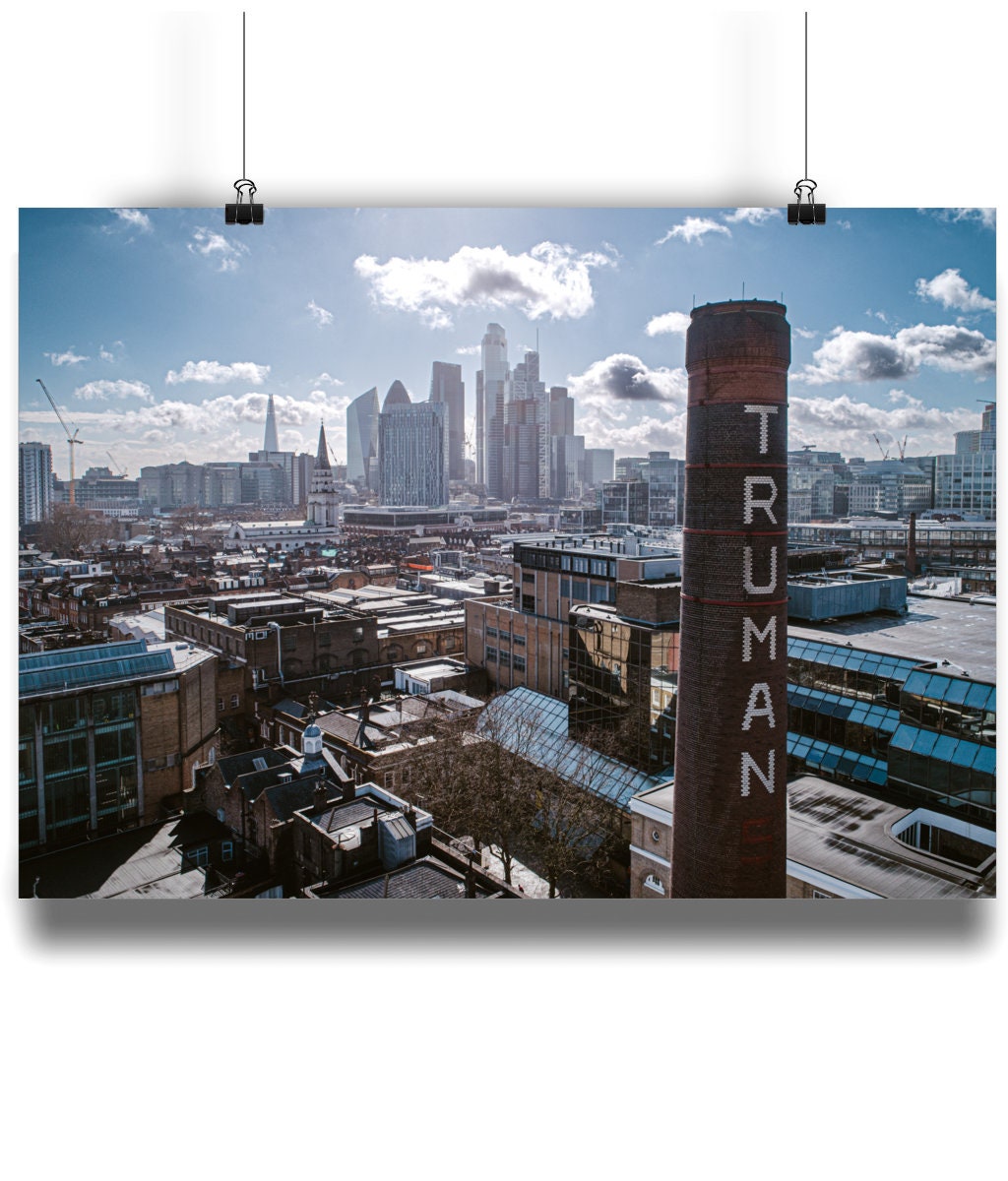 Truman Brewery Drone Shot With The City Of London Skyline In The Distance Landscape Matte Art Print