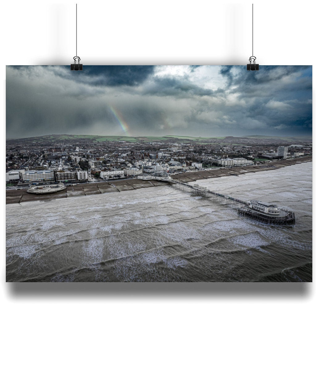 Drone Print, Worthing Pier, Beach & Rainbow